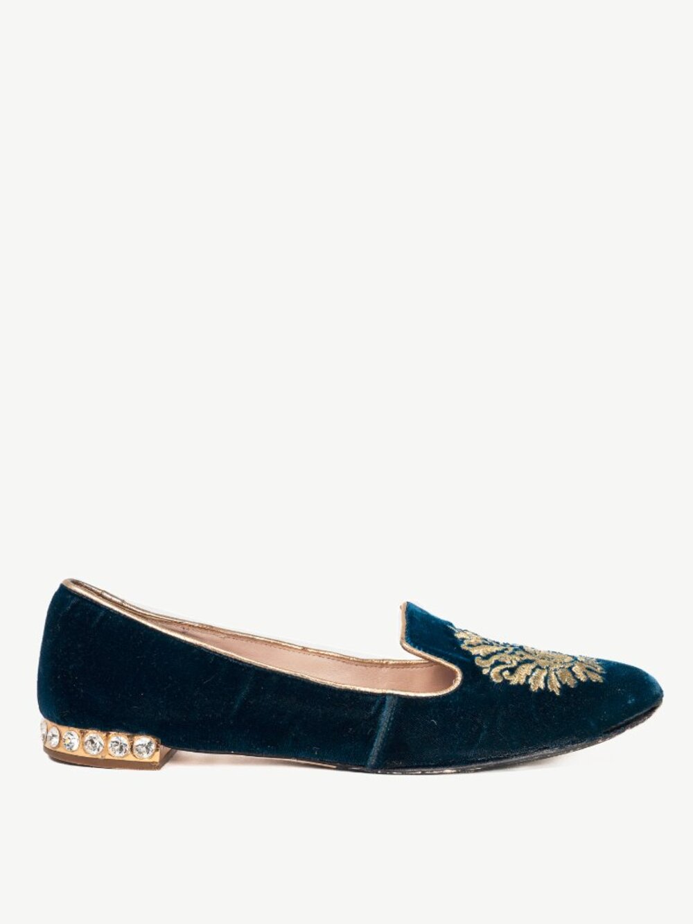 Miu Miu PF12 Blue Velvet Embroidered Crystal-Heel Loafers - Picture 2 of 9